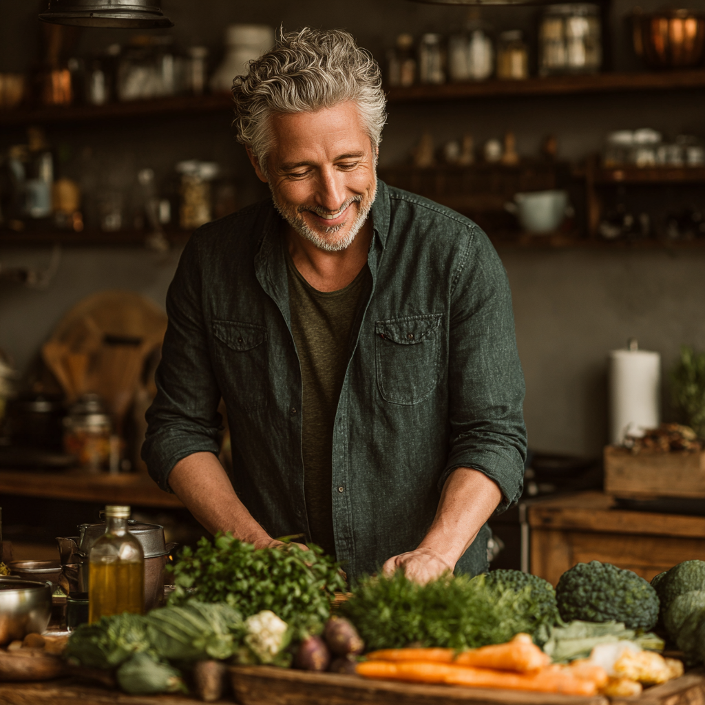 A man in his early 50s with gray hair smiling while cooking in a home kitchen, surrounded by fresh produce and herbs on the counter, enjoying the cooking process