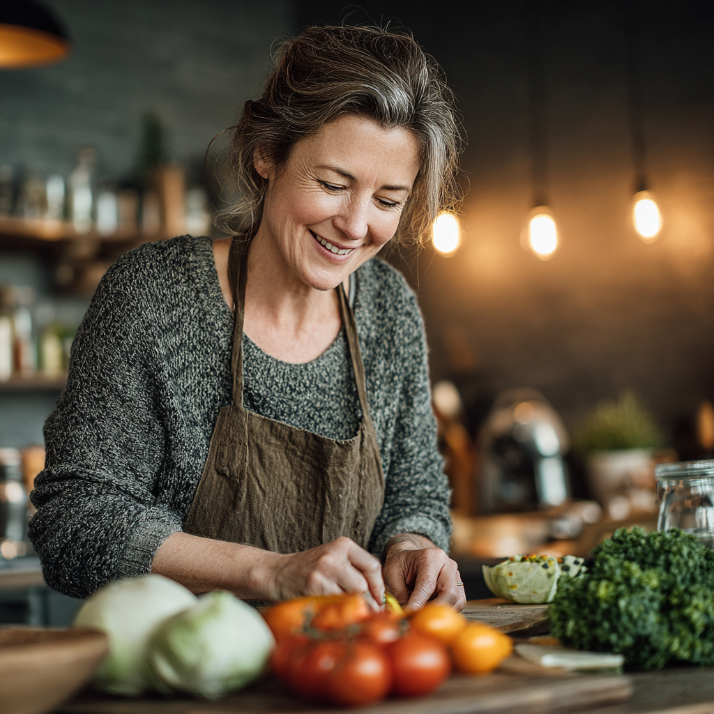 A woman in her late 40s with warm smile preparing fresh vegetables and healthy ingredients in a modern bright kitchen, looking happy and engaged in meal preparation